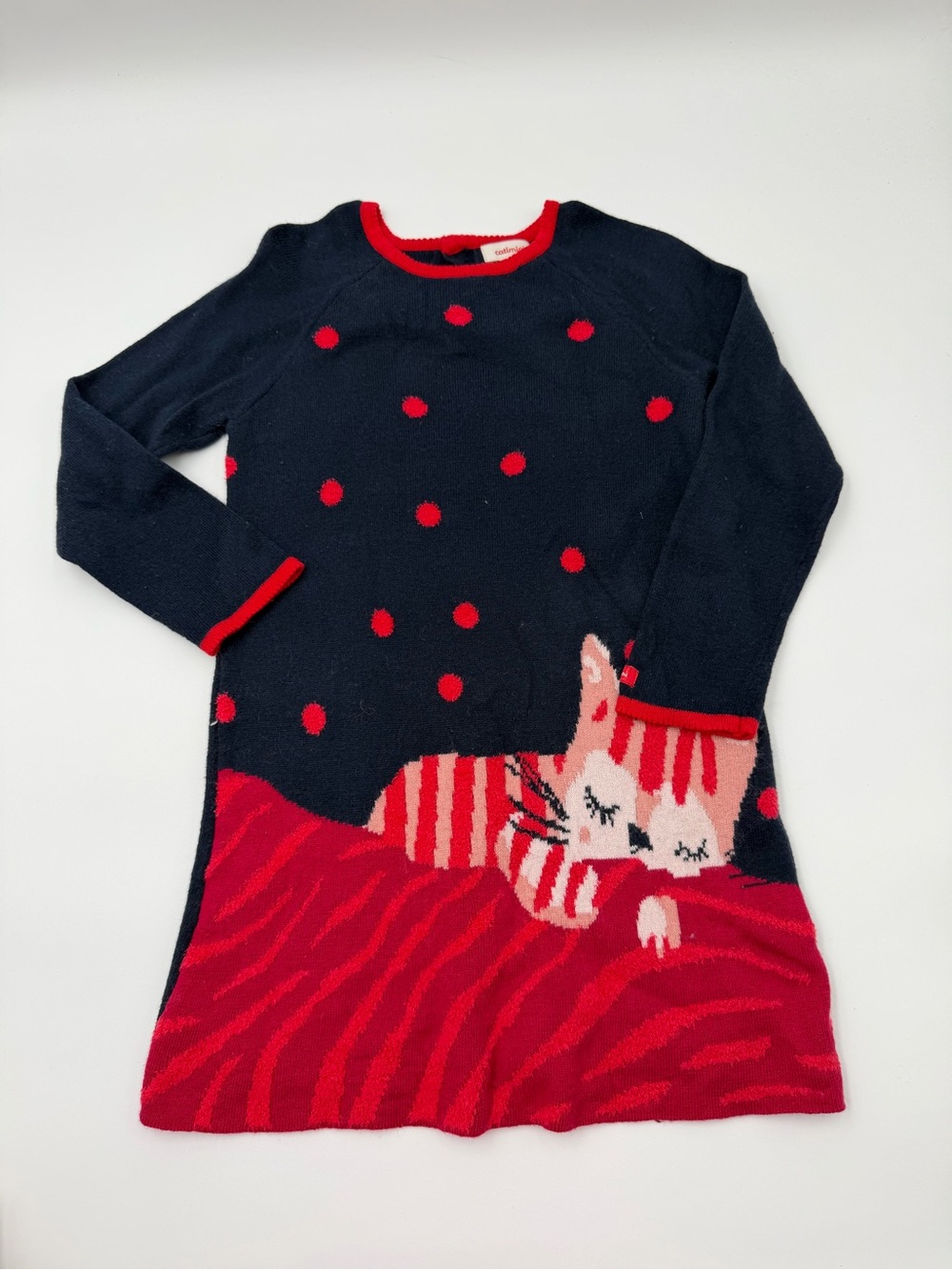 Catimini Navy and Red Girls' Knit Sleep Dress with Cat Motif